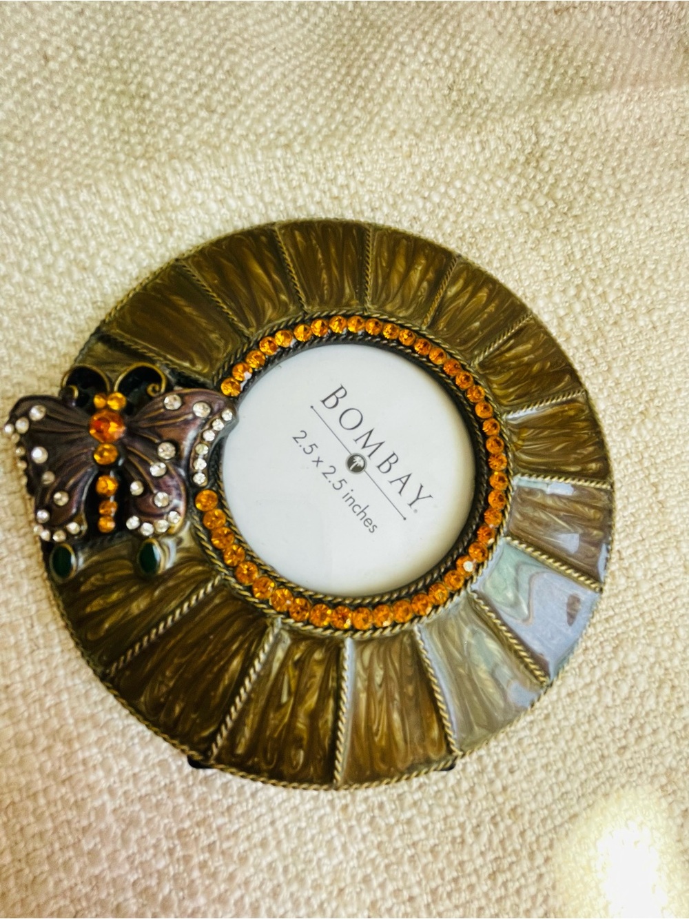 Round Butterfly Jeweled Metal Easel Picture Frame Fits 2.5" Photo